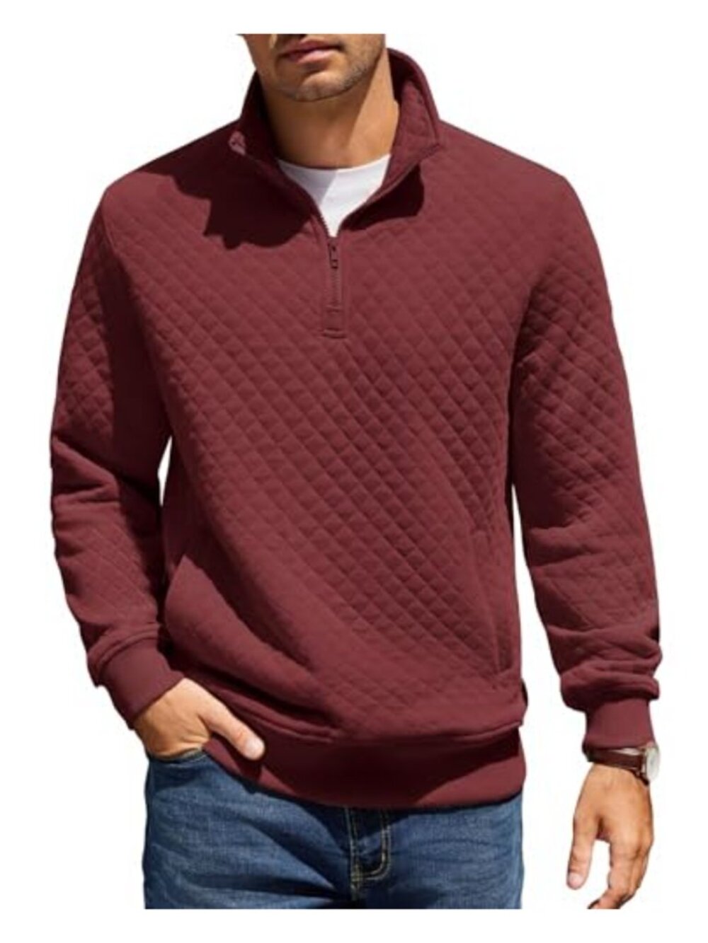 Mens Quarter Zip Pullover Quilted Sweatshirt Knit Long Sleeve Mock Neck Sweater